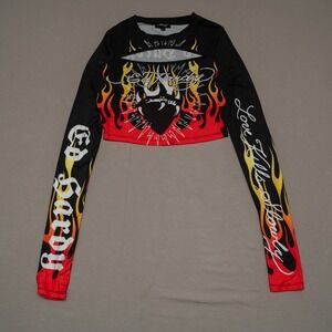 Y2K Ed Hardy Dolls Kill Flame Fire Heart Long Sleeve Crop Top Tattoo Festival M